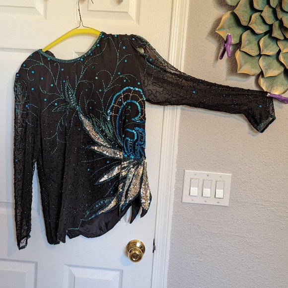 Vintage Tops - DAZZLING SILK | BEADED & SEQUIN | Vintage | Black Tie Top | L | EVC